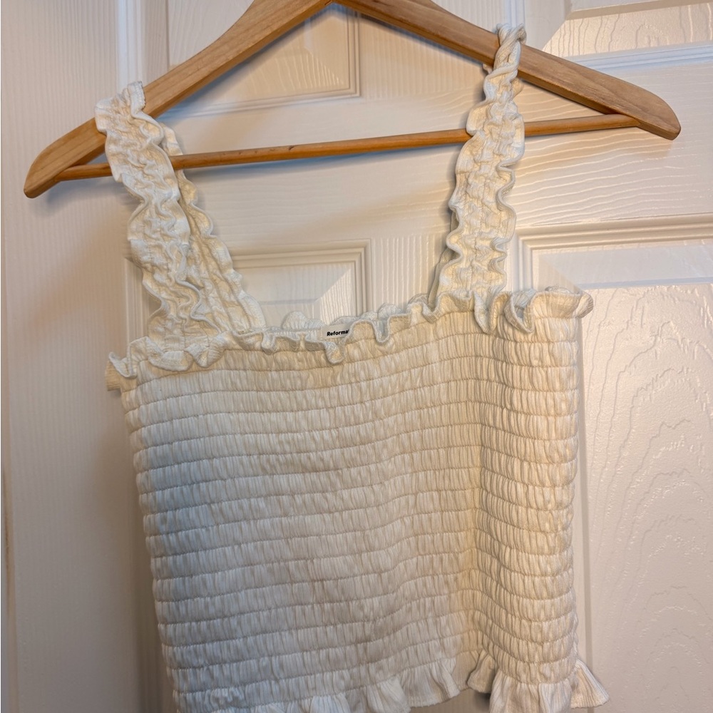 Reformation Cream Smocked Ruffle Crop Top
